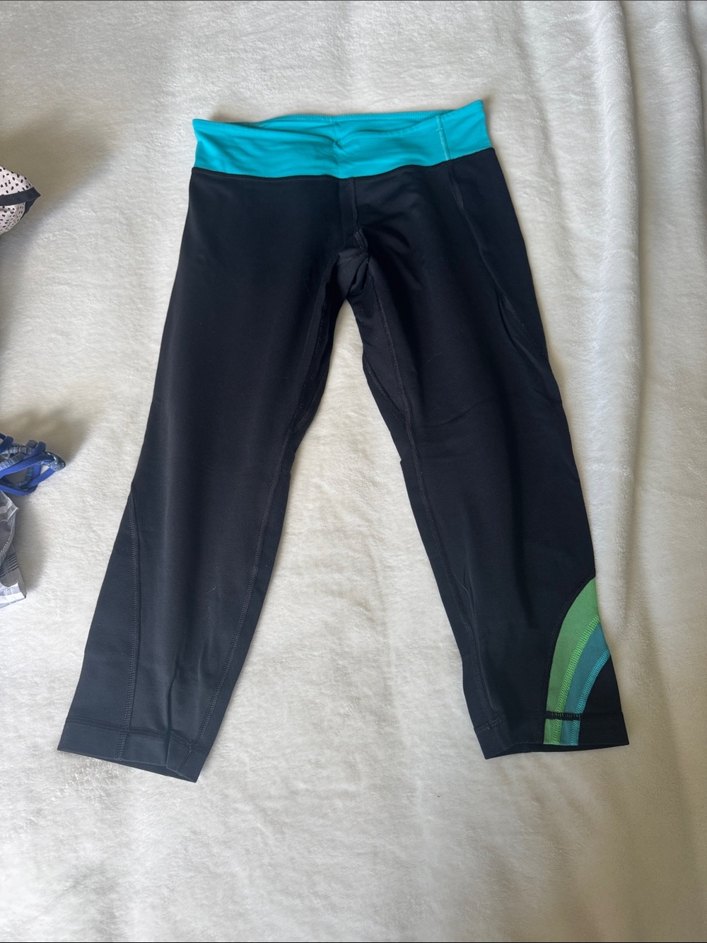 Black Capri Leggings with Teal Waistband and Green Accent